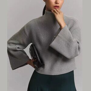 Anthropologie Maeve The Katey Mock-Neck Bell-Sleeve Sweater Grey M